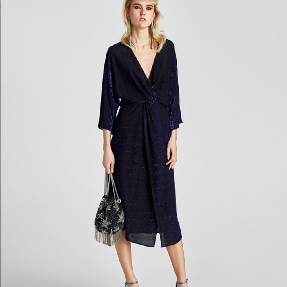 Zara Basic shimmery dark blue V neck dress.